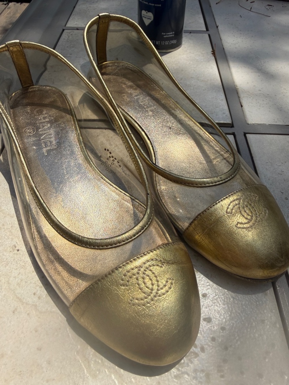 Rare CHANEL Gold leather Cap-Toe PVC transparent Flats cruise collection 37.5